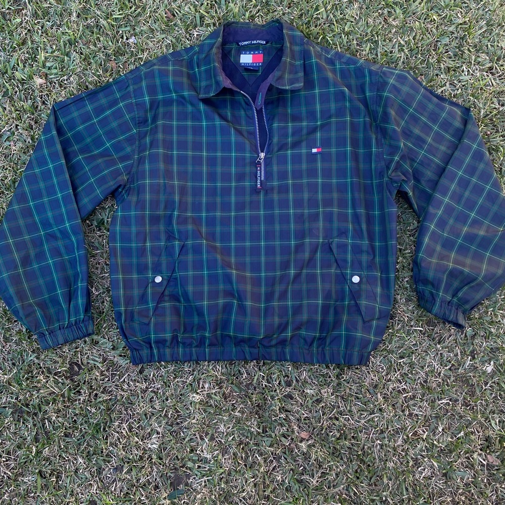 Tommy Hilfiger Men’s L Windbreaker Jacket 1/4 Zip Black Watch Plaid Lightweight
